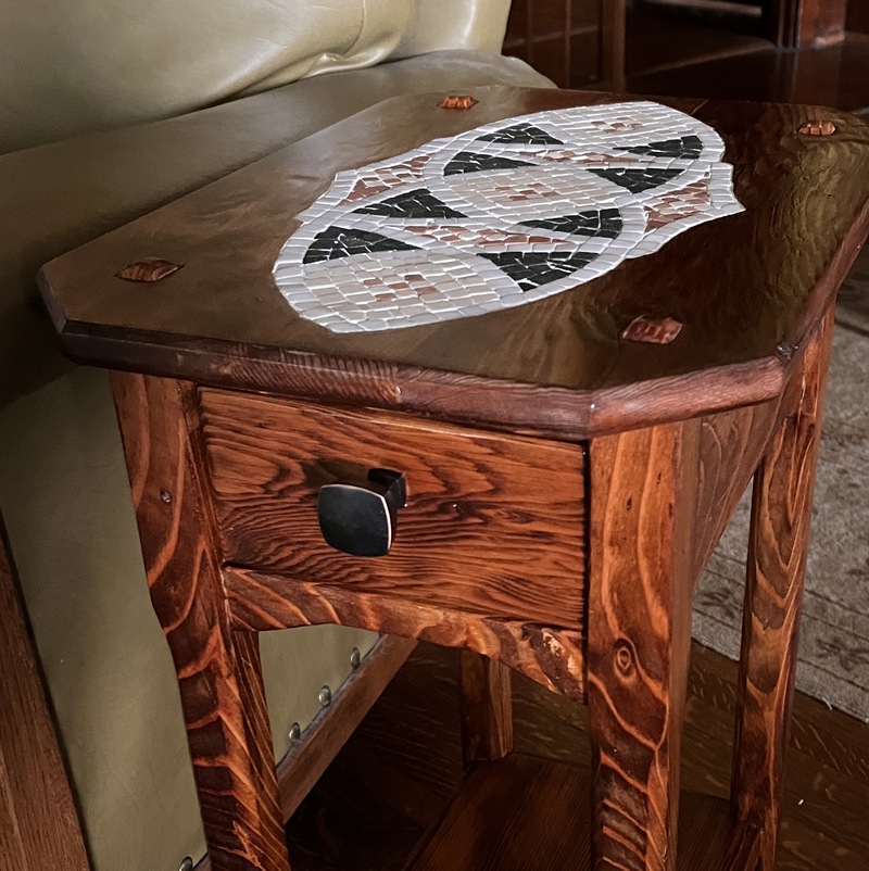 Stickley-inspired side table built from a single piece of Douglas Fir that was pulled from the house, with an inlaid mosaic tile top